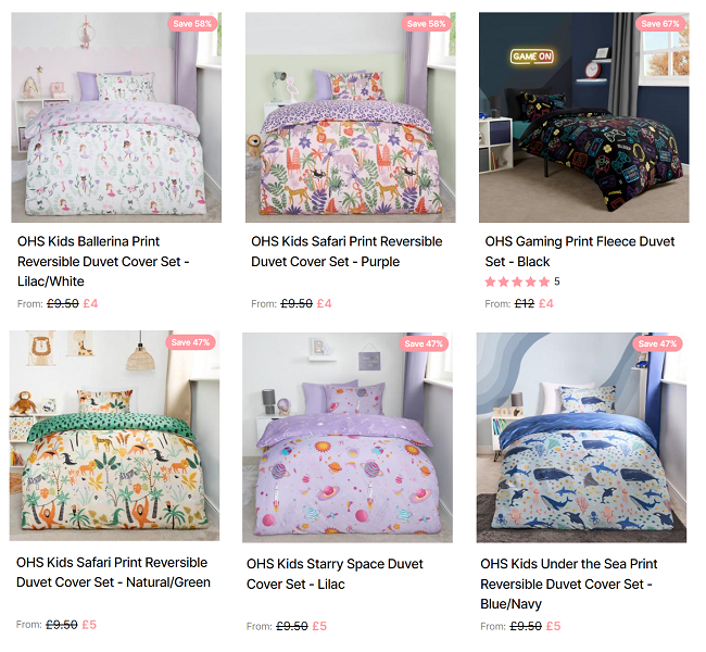 Screenshot showing Kids Duvet Cover Sets from £4 at Online Home Shop