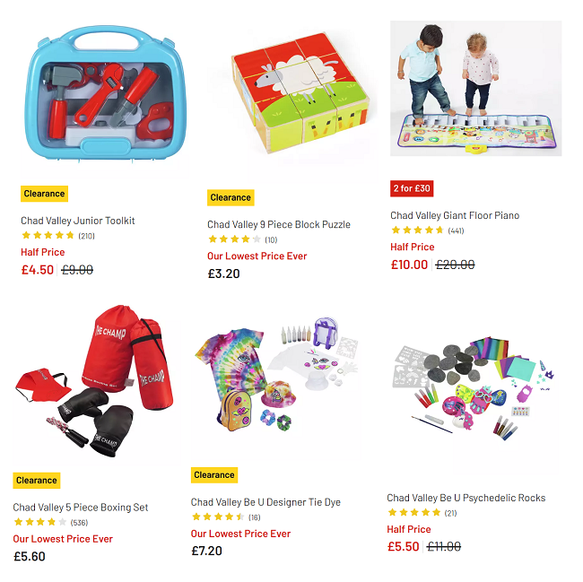 Screenshot showing reduced Chad Valley toys at Argos