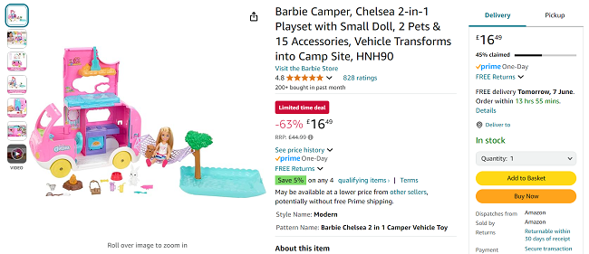 Screenshot showing Barbie Chelsea 2-in-1 Camper Playset for £16.49 at Amazon