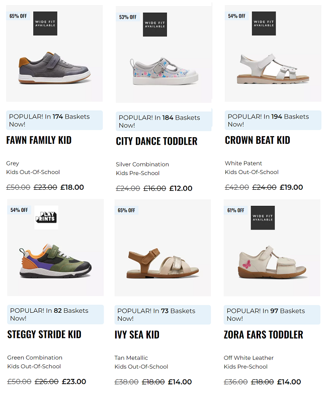 Screenshot of kids sale shoes at Clarks