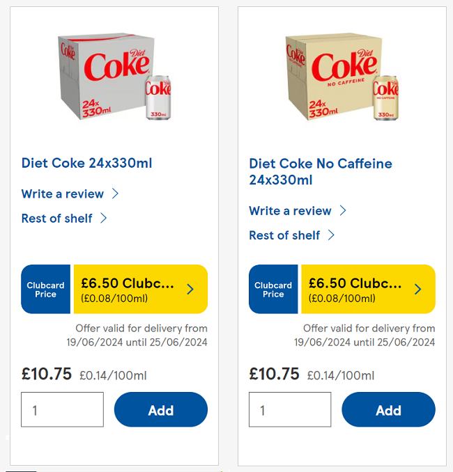 Screenshot showing Diet Coke and Diet Coke Caffeine Free 24 x 330ml Cans for £6.50 at Tesco