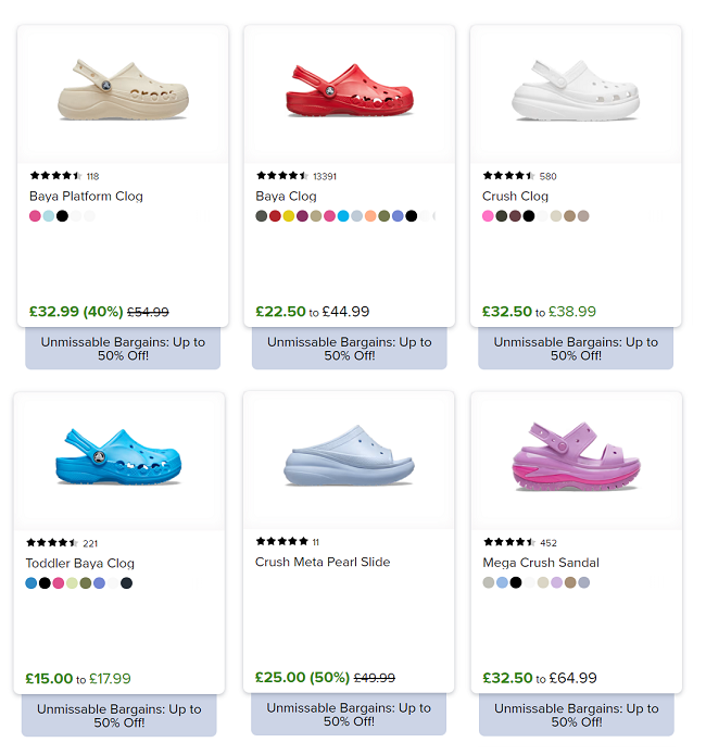 Screenshot of Crocs sale items