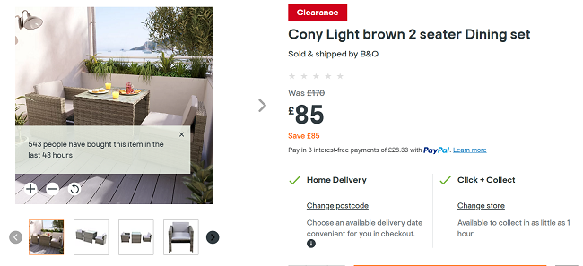 Screenshot showing Cony Light Brown 2 Seater Dining Set for £85 at B&Q