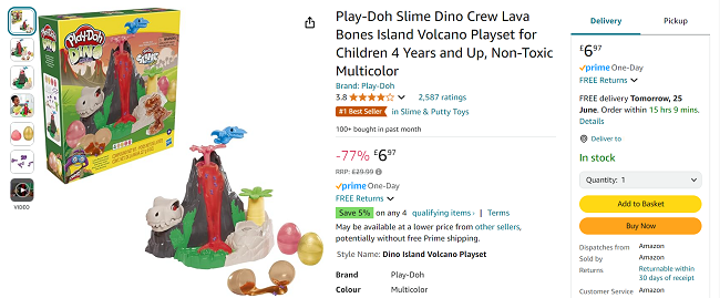 Screenshot showing Play-Doh Slime Dino Crew Lava Bones Island Volcano Playset for £6.97 at Amazon