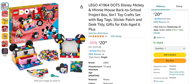 Screenshot showing LEGO DOTS Disney Mickey & Minnie Mouse Back-to-School Project Box for £20 at Amazon