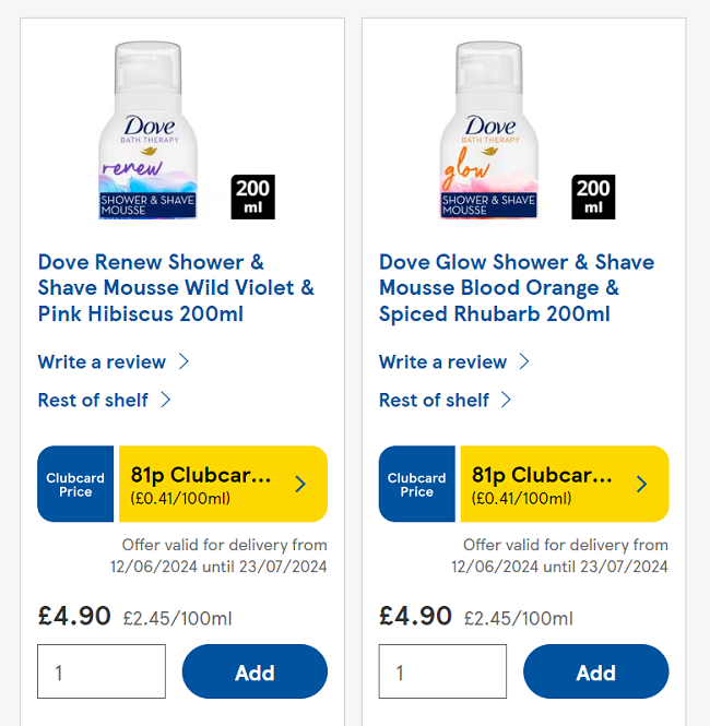 Screenshot showing Dove Glow Shower & Shave Mousse for 81p at Tesco