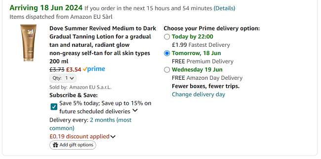 Screenshot showing Dove Summer Revived Gradual Tanning Lotion 200ml for £3.54 at Amazon
