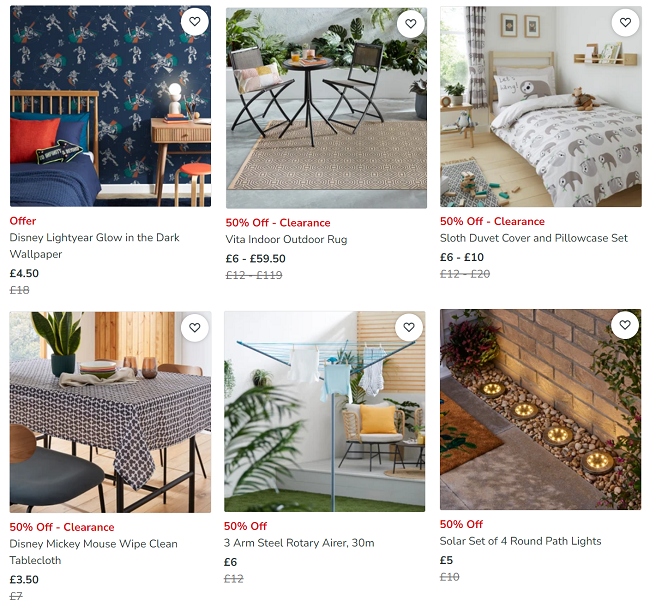 Screenshot showing sale items from Dunelm 
