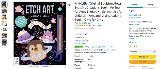 Screenshot showing Original Squishmallows Etch Art Creations Book for £3.99 at Amazon / Curious Universe