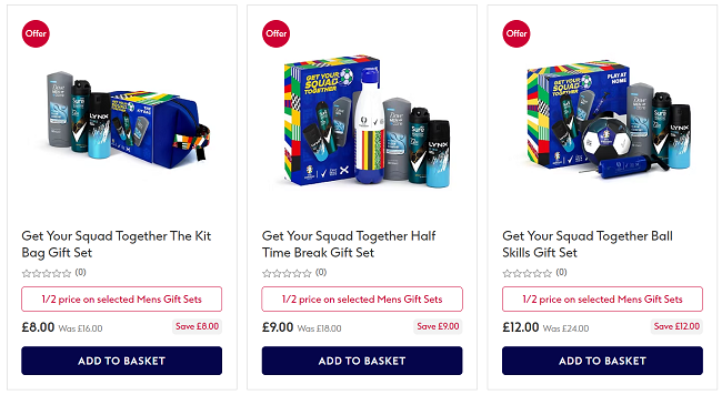 Screenshot showing half price Get Your Squad Together Gift Sets at Boots