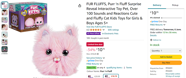 Screenshot showing Fur Fluffs Purr ‘n Fluff Surprise Reveal Interactive Toy Pet for £10.79 at Amazon