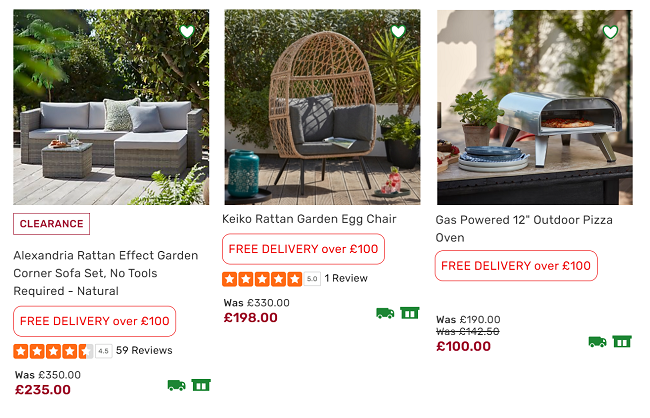 Screenshot showing reduced garden furniture at Homebase