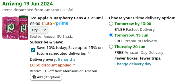 Screenshot showing J2o Apple & Raspberry Cans 4 x 250ml for £1.50 at Amazon