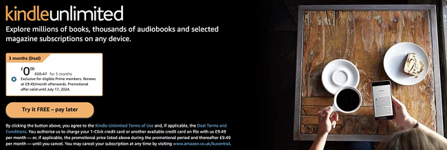Screenshot showing Kindle Unlimited 3 Months Free offer at Amazon