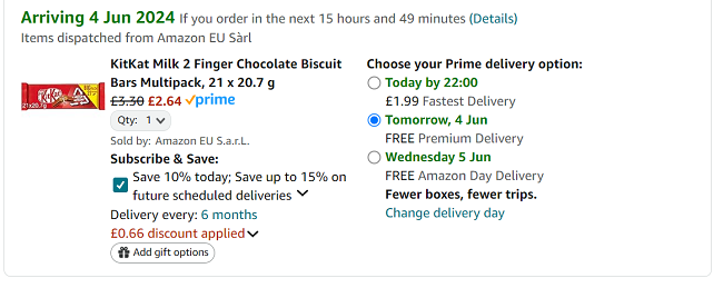 Screenshot showing Kit Kat Milk 2 Finger Chocolate Biscuit Bars Multipack 21 x 20.7g for £2.64 at Amazon