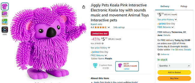 Screenshot showing Jiggly Pets Koala for £5.77 at Amazon