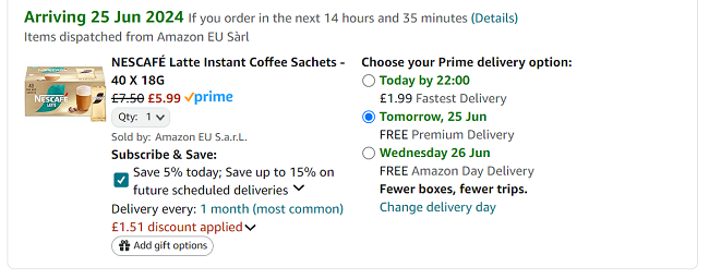 Screenshot showing Nescafé Latte Instant Coffee Sachets - 40 X 18g for £5.99 at Amazon