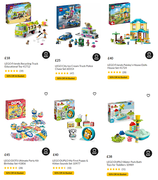 Screenshot showing 50% Off Selected LEGO Sets offer at Asda George