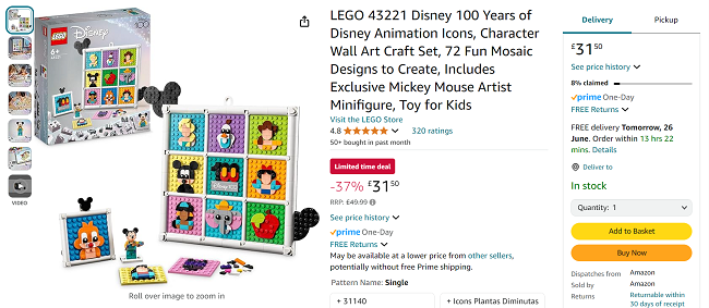 Screenshot showing LEGO 43221 Disney 100 Years of Disney Animation Icons for £31.50 at Amazon