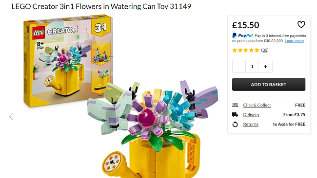 Screenshot showing LEGO Creator 3in1 Flowers in Watering Can for £15.50 at Asda George