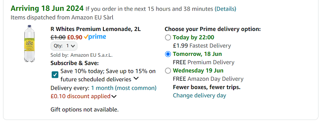 Screenshot showing R Whites Premium Lemonade 2L for 90p at Amazon