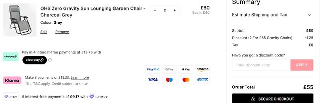 Screenshot showing Zero Gravity Sun Lounging Garden Chair Charcoal Grey 2 for £55 offer at Online Home Shop