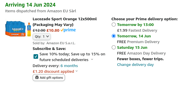 Screenshot showing Lucozade Sport Orange 12 x 500ml for £10.80 at Amazon