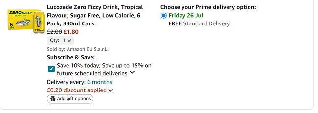 Screenshot showing Lucozade Zero Sugar Tropical 330ml Cans 6 Pack for £1.80 at Amazon