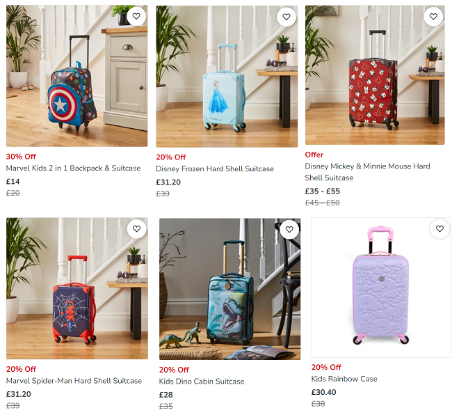 Screenshot of reduced kids luggage from Dunelm