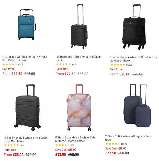 Screenshot of reduced luggage at Argos