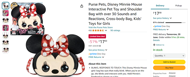 Screenshot showing Purse Pets Disney Minnie Mouse Interactive Pet Bag for £17 at Amazon