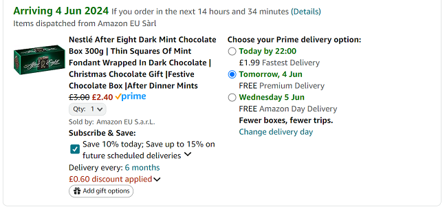 Screenshot showing Nestlé After Eight Dark Mint Chocolate Box 300g for £2.40 at Amazon