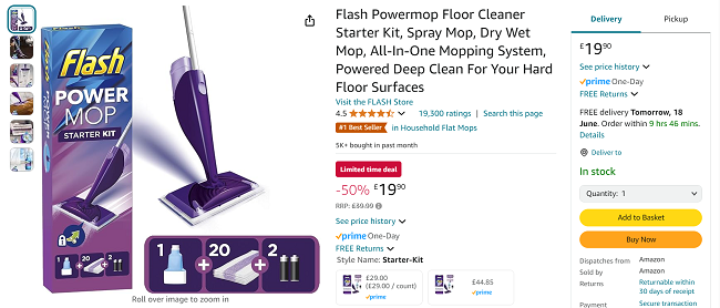 Screenshot showing Flash Powermop Floor Cleaner Starter Kit for £19.90 at Amazon