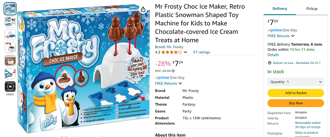 Screenshot showing Mr Frosty Choc Ice Maker for £7.24 at Amazon