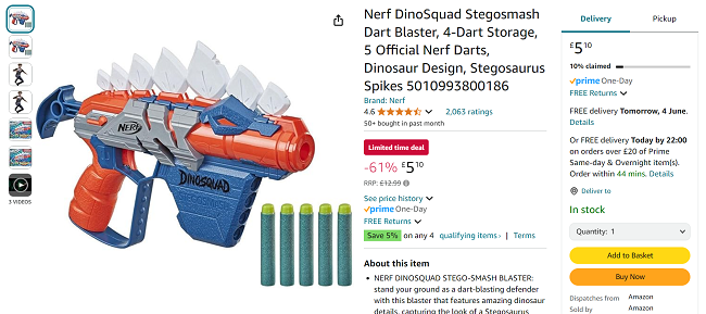 Screenshot showing Nerf DinoSquad Stegosmash Dart Blaster for £5.10 at Amazon