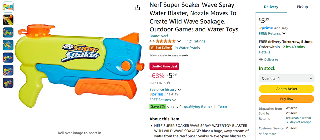 Screenshot showing Nerf Super Soaker Wave Spray Water Blaster for £5.39 at Amazon