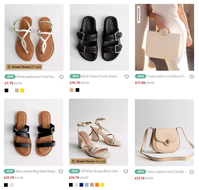 Screenshot showing reduced shoes and bags from New Look