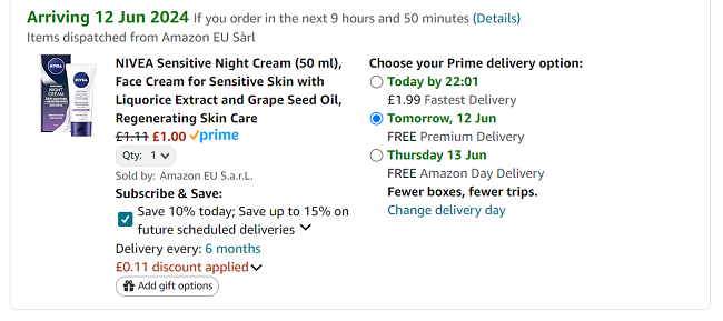 Screenshot showing NIVEA Sensitive Night Cream 50 ml for £1 at Amazon