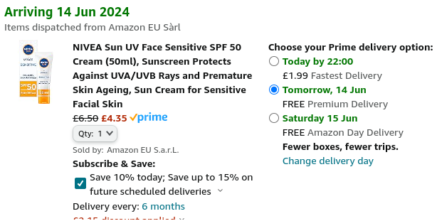 Screenshot showing NIVEA Sun UV Face Sensitive SPF 50 Cream (50ml) for £4.35 at Amazon