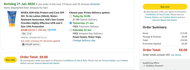 Screenshot showing Nivea Sun Kids Protect and Care SPF 50+ To Go Lotion (50ml) 3 for £8 at Amazon