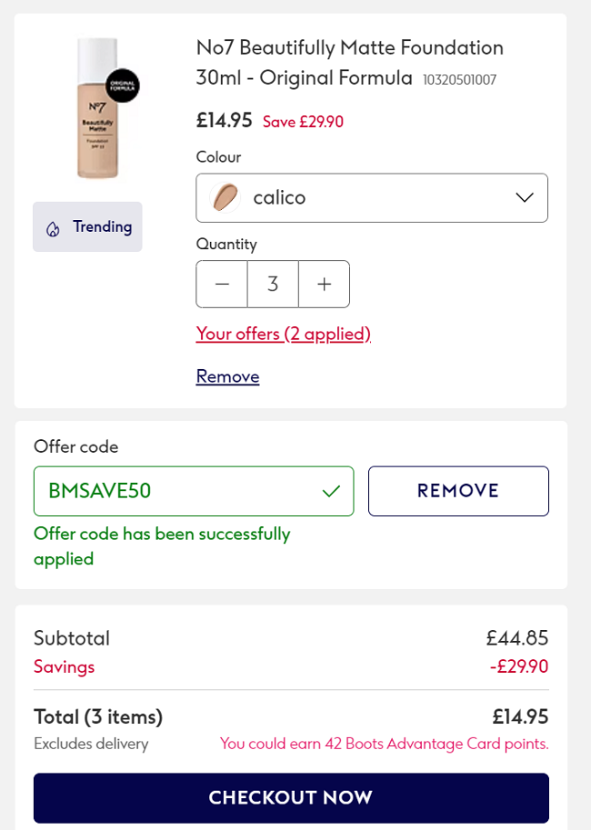 Screenshot showing No7 Beautifully Matte Foundation 30ml 3 for £14.95 with code at Boots