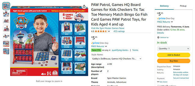 Screenshot showing PAW Patrol Game House HQ for £5.25 at Amazon