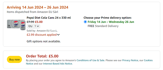 Screenshot showing Pepsi Diet Cola Cans 24 x 330 ml for £5 at Amazon