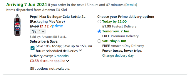 Screenshot showing Pepsi Max No Sugar Cola Bottle 2L for £1.12 at Amazon