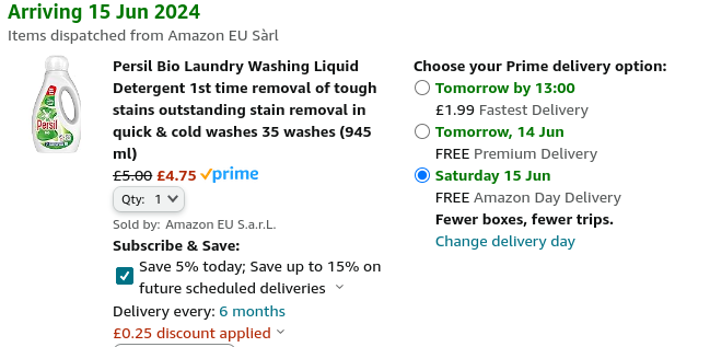 Screenshot showing Persil Bio Laundry Washing Liquid Detergent 35 Washes for £4.75 at Amazon