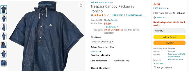 Screenshot showing Trespass Canopy Packaway Poncho Pack of 2 £4.99 at Amazon