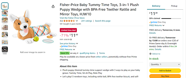 Screenshot showing Fisher-Price Baby Tummy Time Puppy Wedge for £11.49 at Amazon