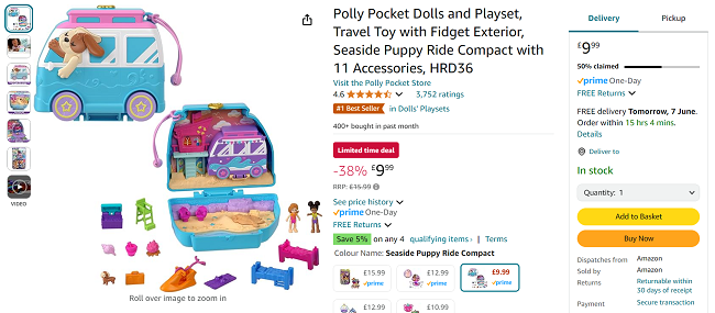 Screenshot showing Polly Pocket Seaside Puppy Ride Compact for £9.99 at Amazon