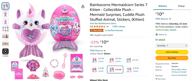Screenshot showing Rainbocorns Mermaidcorn Series 7 Kitten for £10 at Amazon