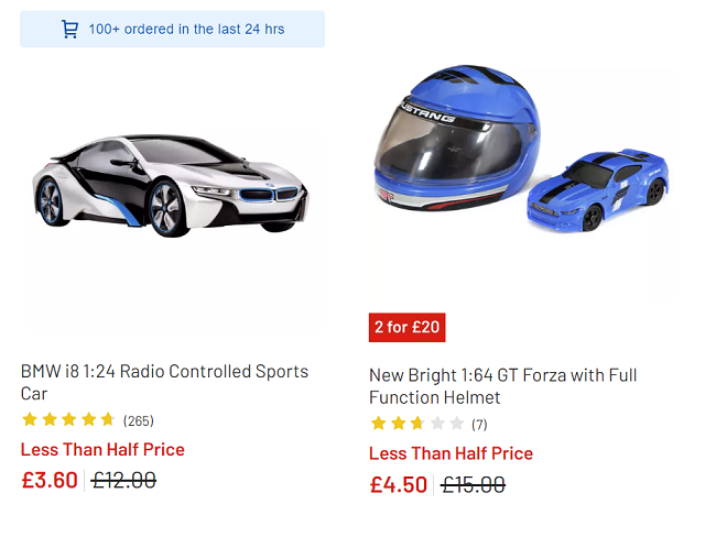 Screenshot of reduced RC cars at Argos